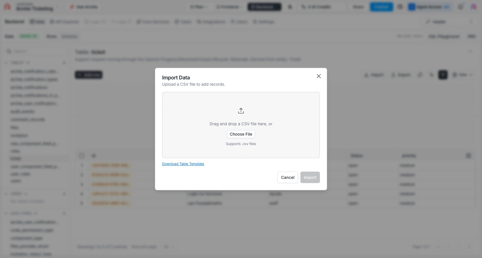 Upload a CSV file to the Import Data dialog