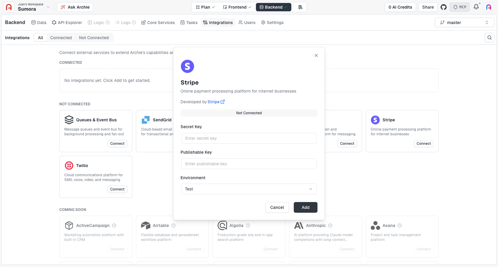 Connect modal for Stripe, with Secret Key, Publishable Key, and Environment fields
