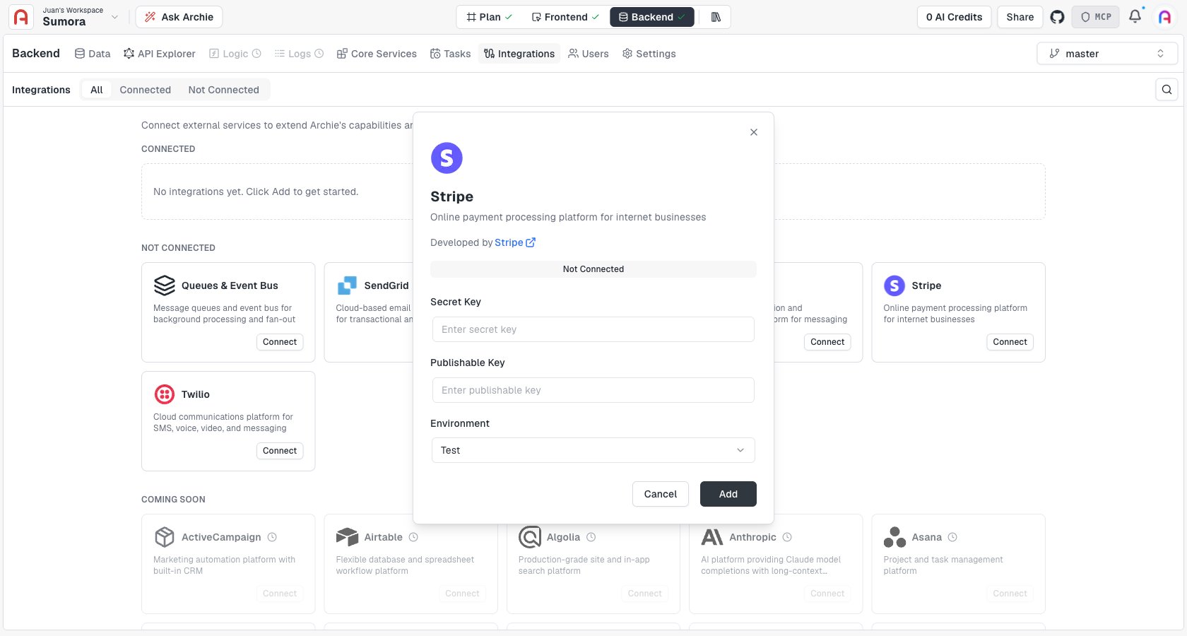 Connect modal for Stripe, with Secret Key, Publishable Key, and Environment fields