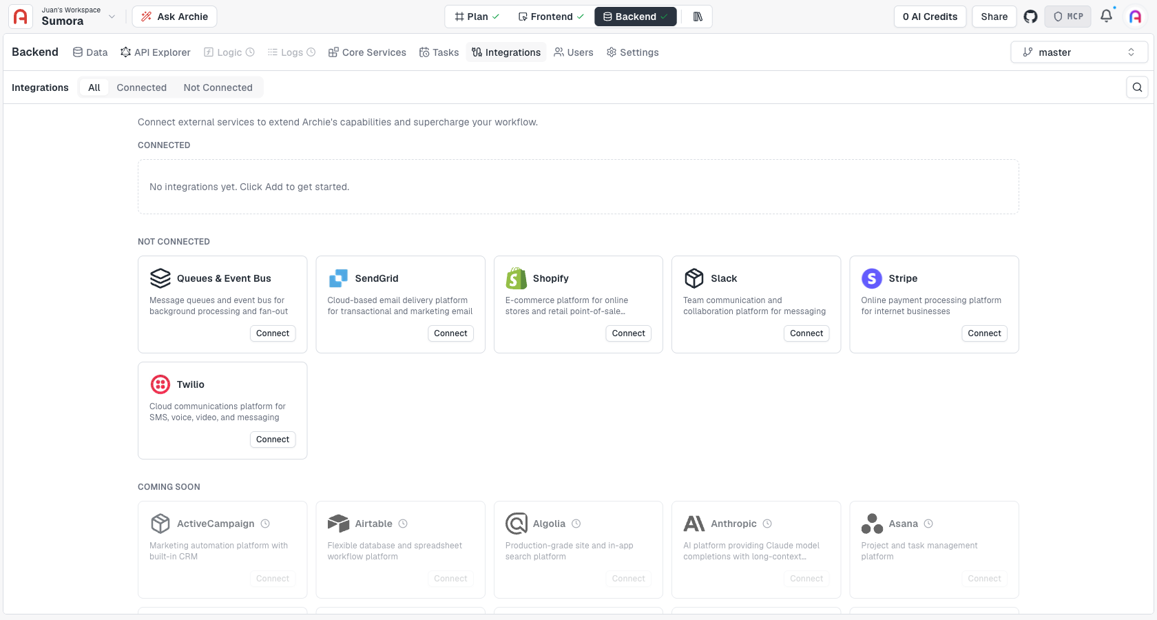 Integrations catalog, showing Connected and Not Connected built-in integrations