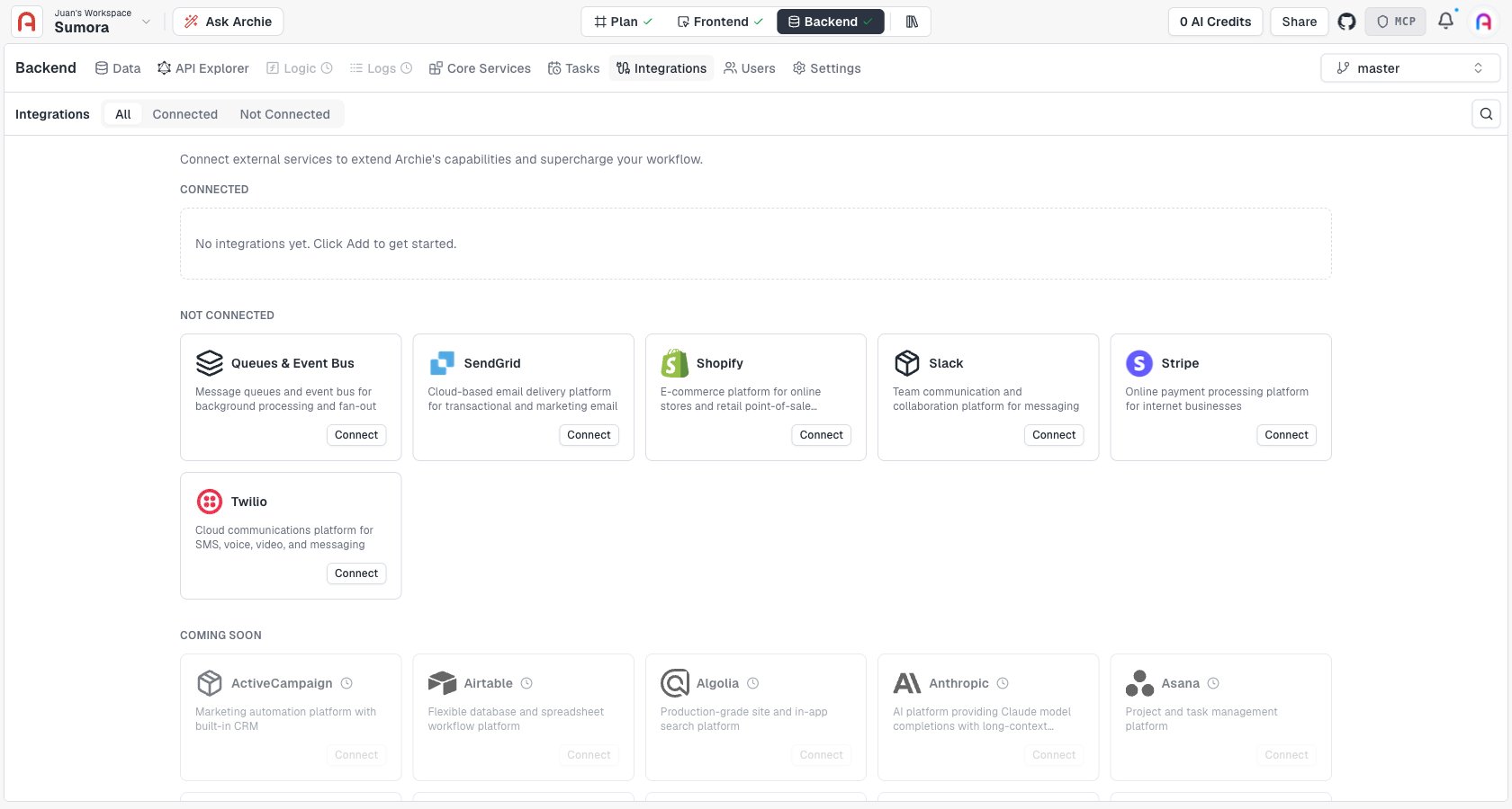Integrations catalog, showing Connected and Not Connected built-in integrations