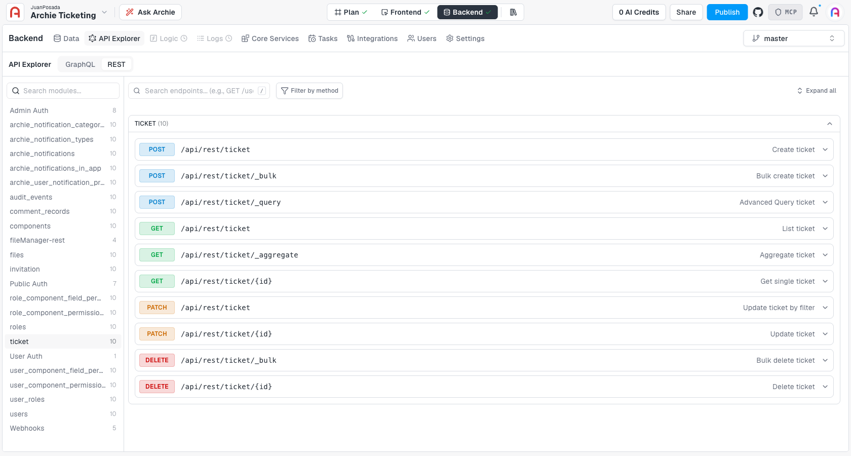 REST tab of the API Explorer, showing the ticket table's 10 generated endpoints