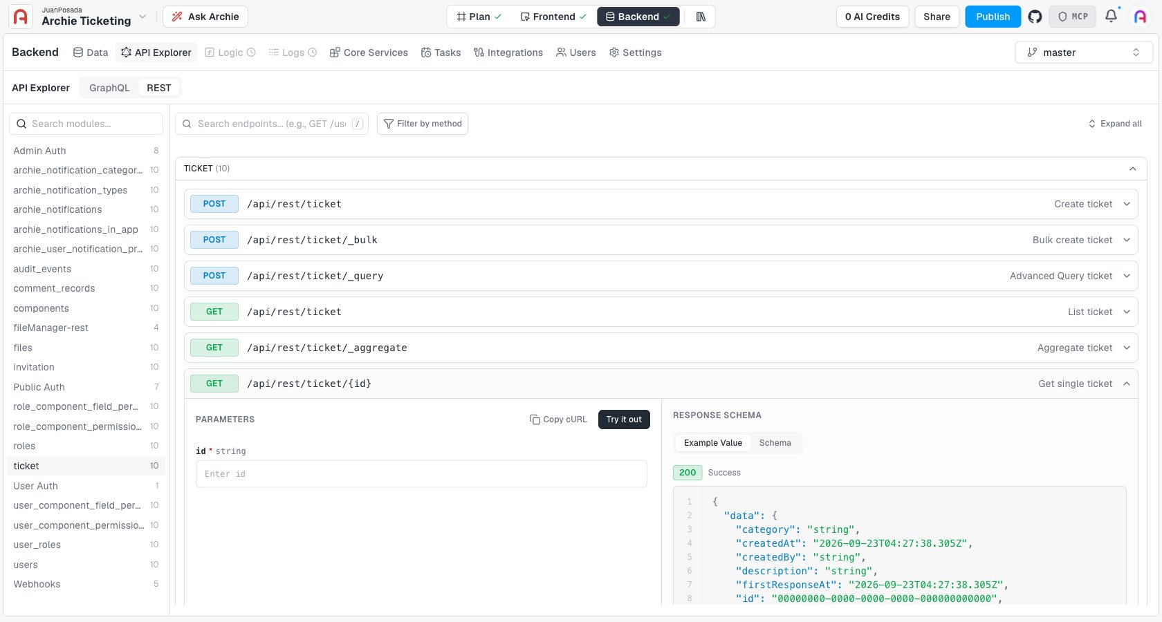 An endpoint expanded, showing Parameters, Try it out, and the Response Schema with an example value