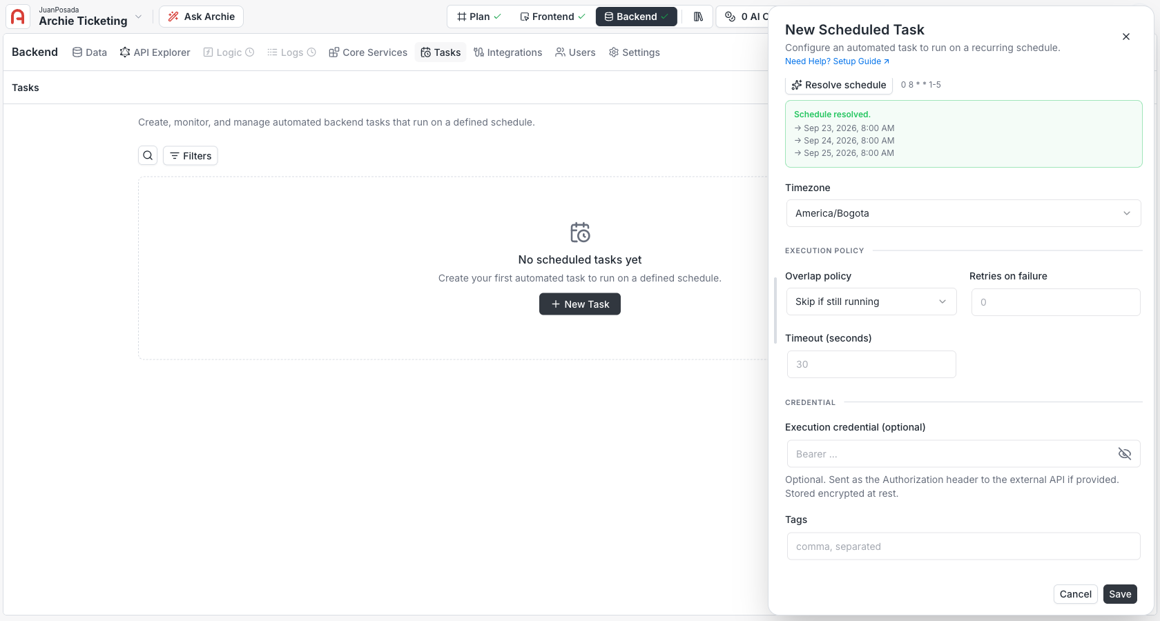 New Scheduled Task panel showing Execution policy, the write-only Execution credential field, and Tags