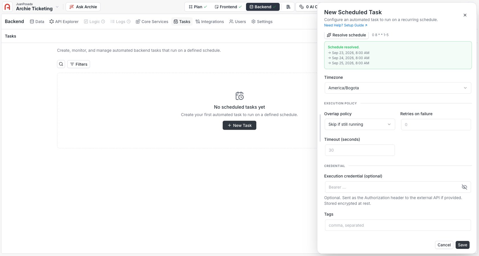 New Scheduled Task panel showing Execution policy, the write-only Execution credential field, and Tags