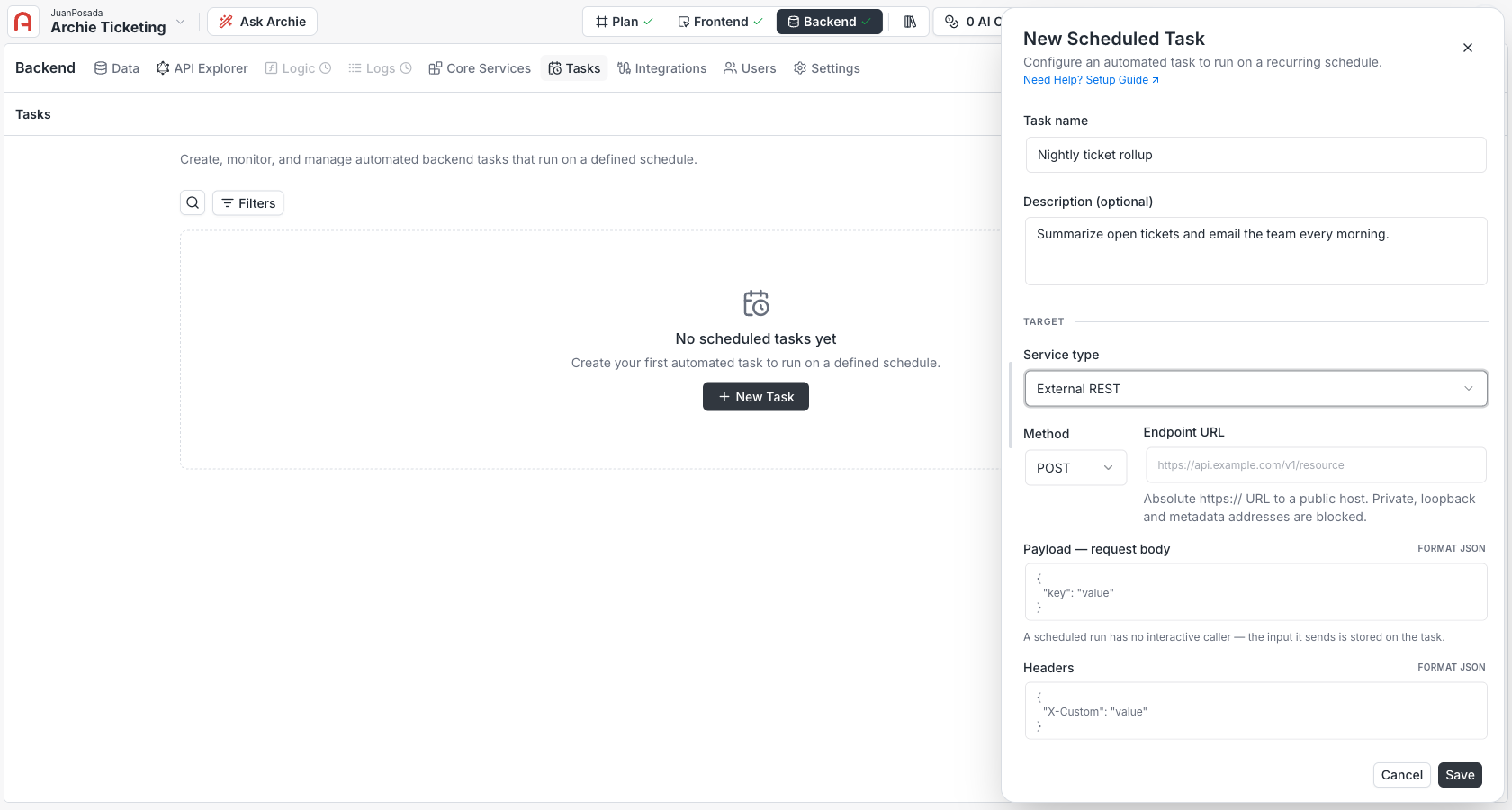 External REST target with Method, Endpoint URL, request body, and headers