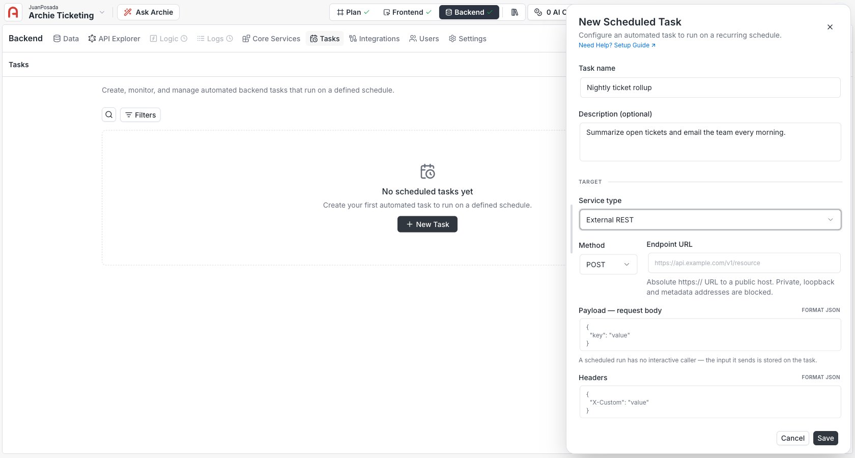 External REST target with Method, Endpoint URL, request body, and headers