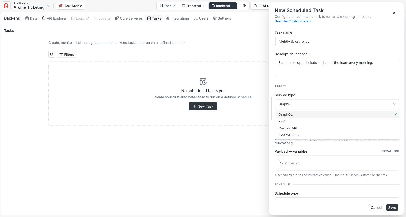 New Scheduled Task panel showing the Service type dropdown with GraphQL, REST, Custom API, and External REST