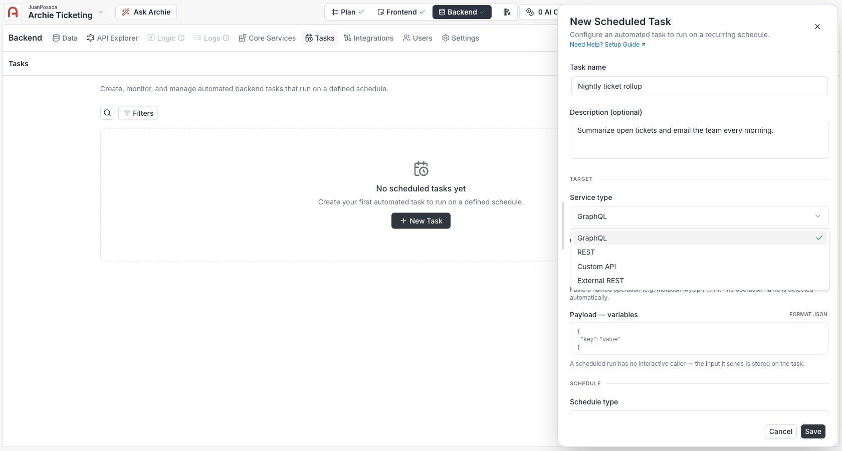 New Scheduled Task panel showing the Service type dropdown with GraphQL, REST, Custom API, and External REST