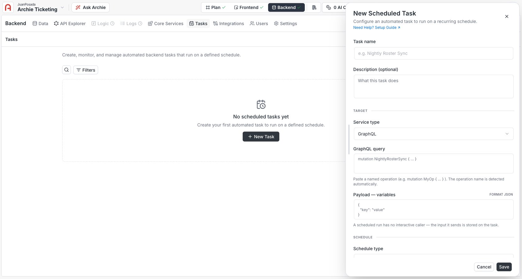 New Scheduled Task panel with a GraphQL target: query and payload variables