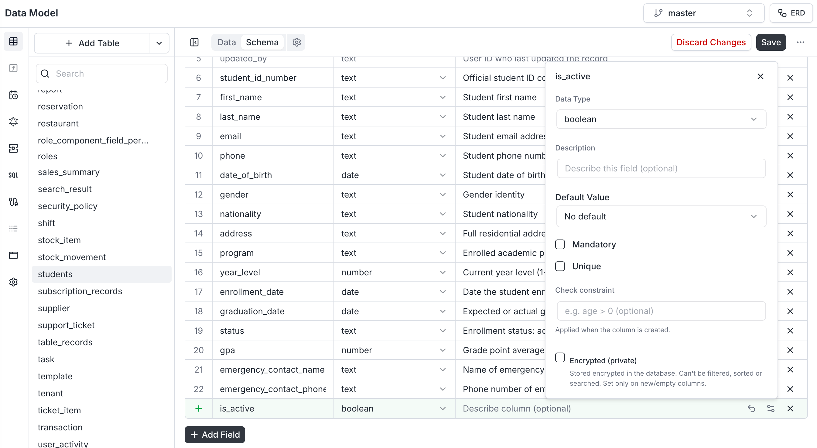 Field configuration panel with data type, default value, and constraints