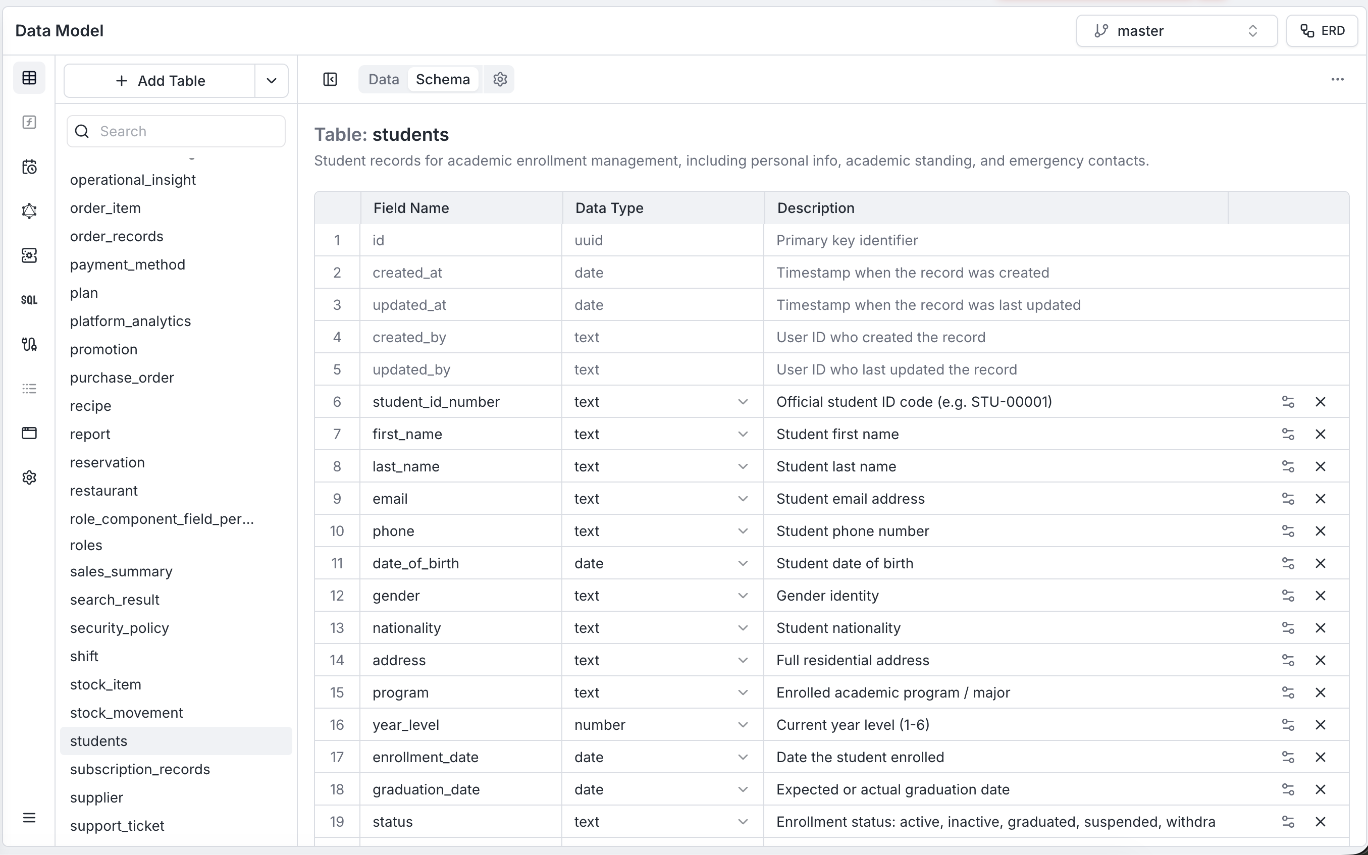 Schema tab showing a table's field list