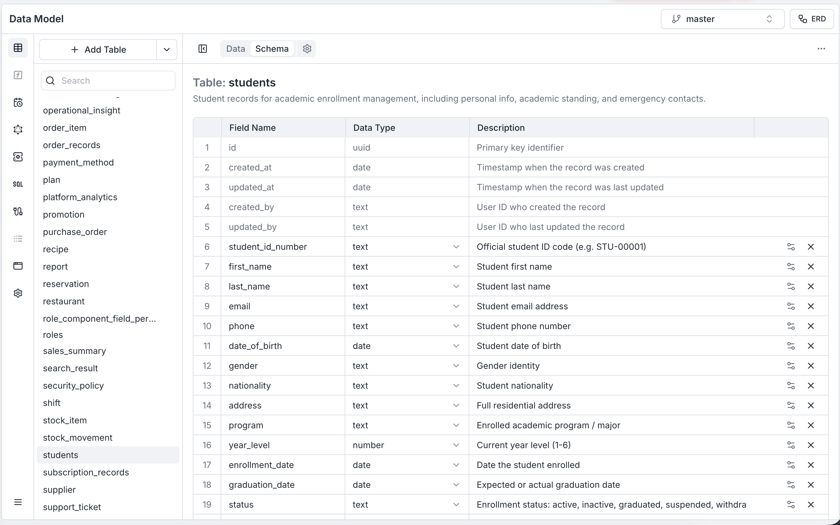 Schema tab showing a table's field list