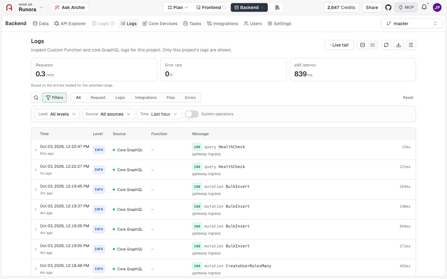 The Filters panel with Level, Source, and Time selectors and the System operations toggle