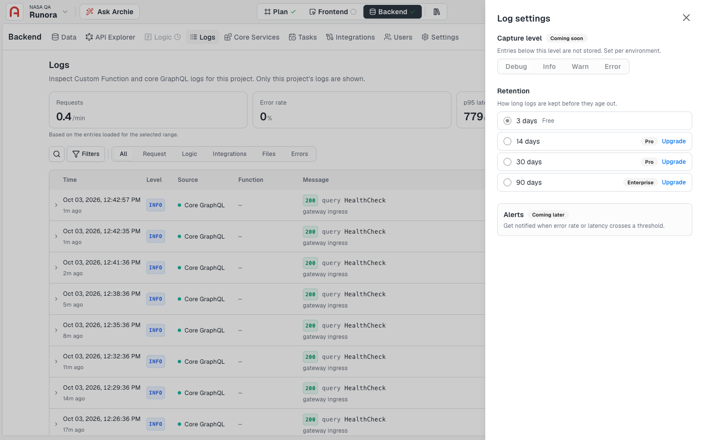 The Log settings drawer showing Capture level, Retention options, and Alerts