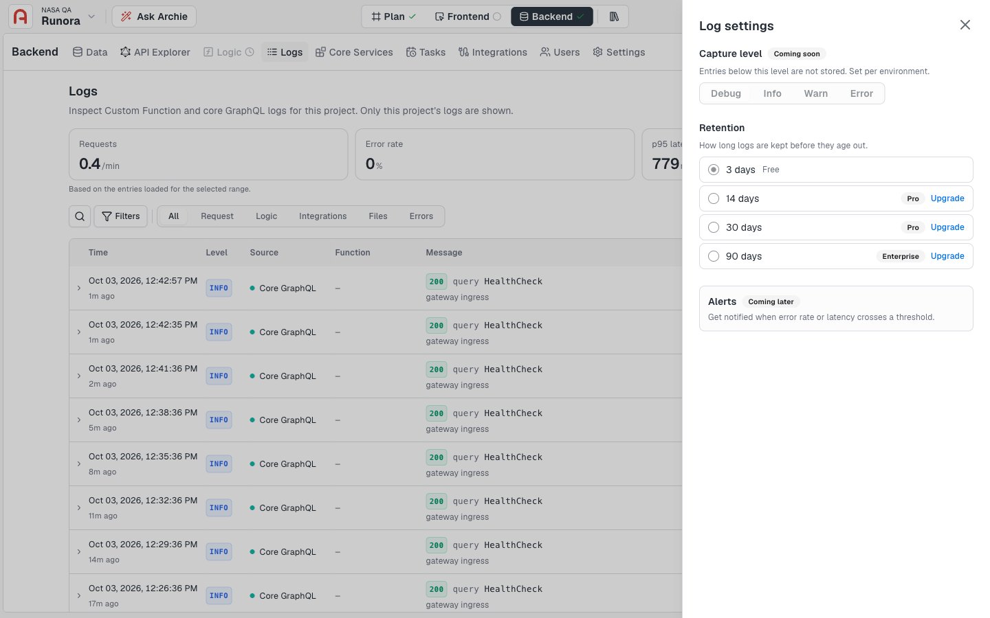 The Log settings drawer showing Capture level, Retention options, and Alerts