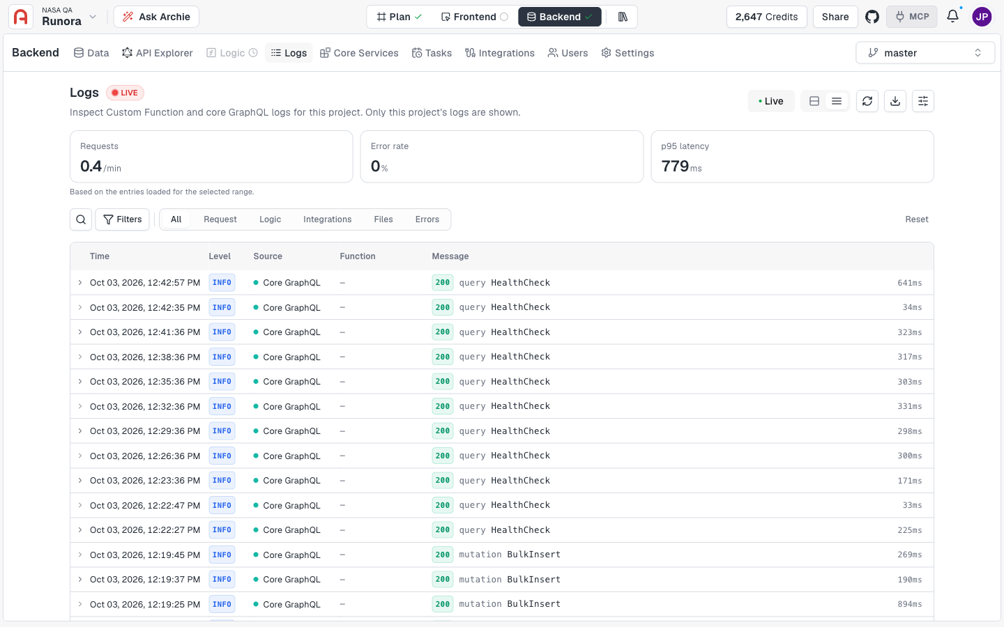 The Logs page in Compact density with Live tail turned on
