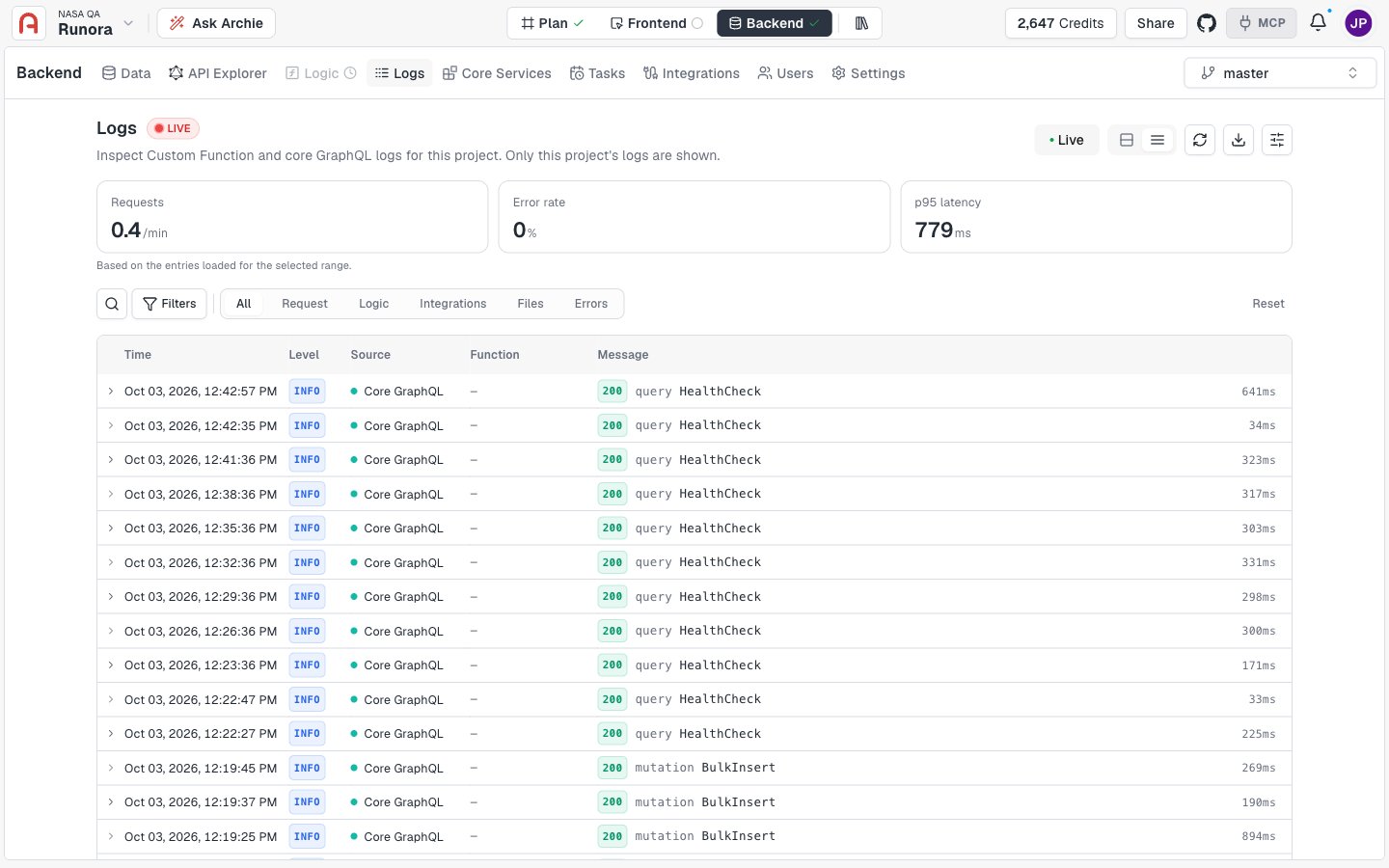 The Logs page in Compact density with Live tail turned on