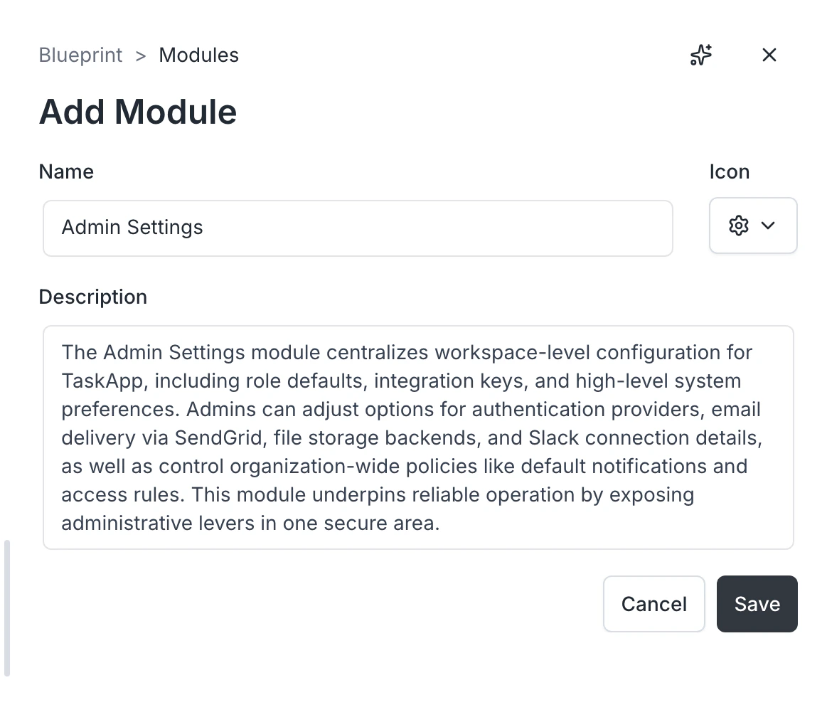Add module form with name, icon, and description