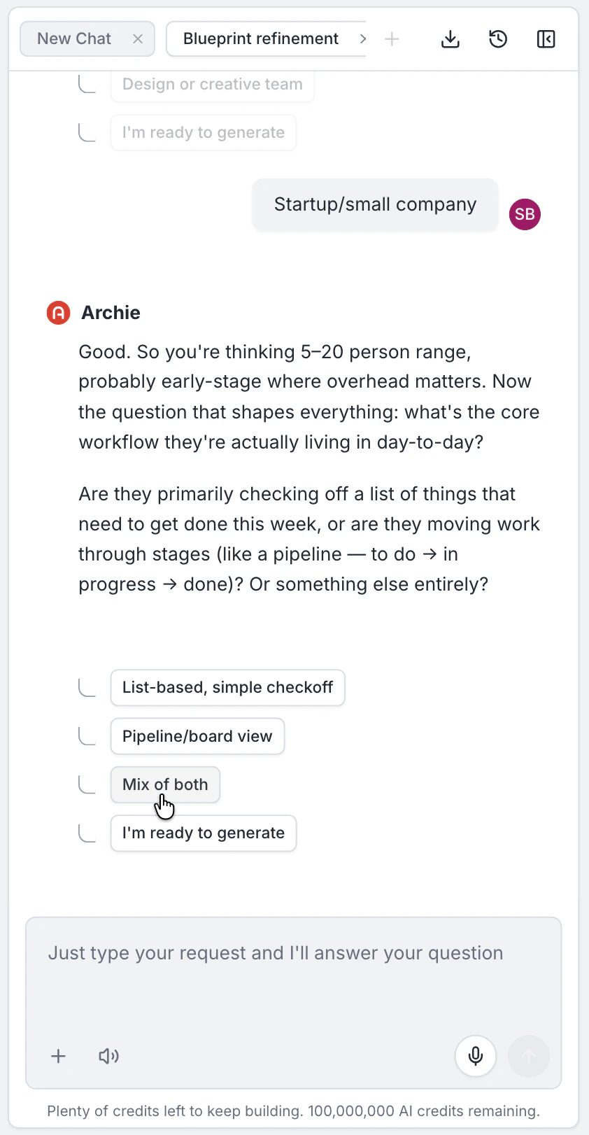 Blueprint refinement with clarifying questions and multiple-choice options