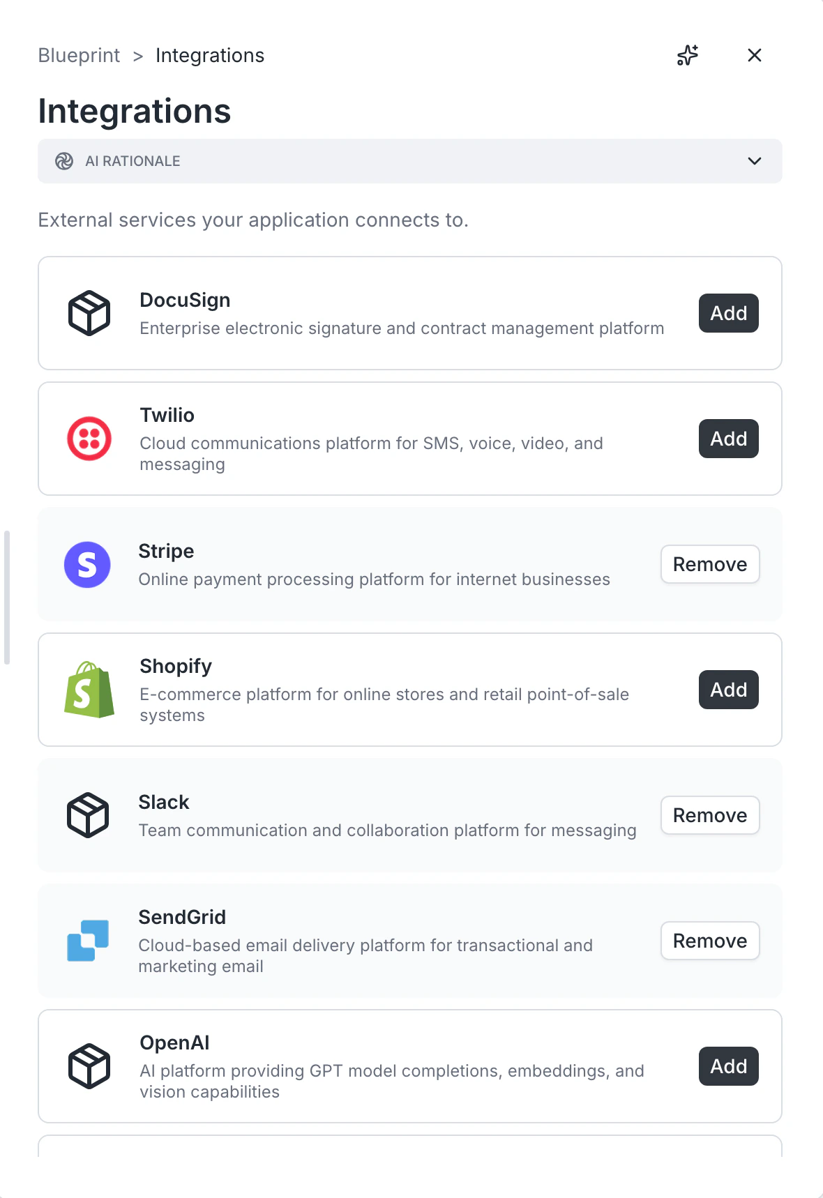 Integrations panel with Stripe, SendGrid, and Slack