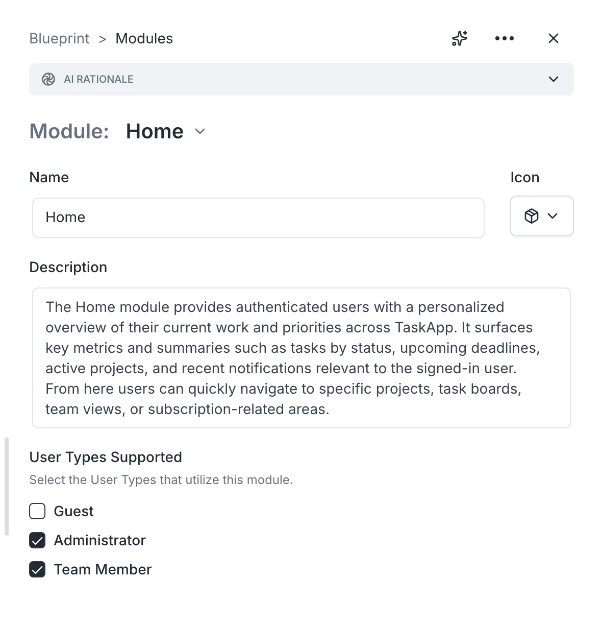Module entry with name, description, and supported user types
