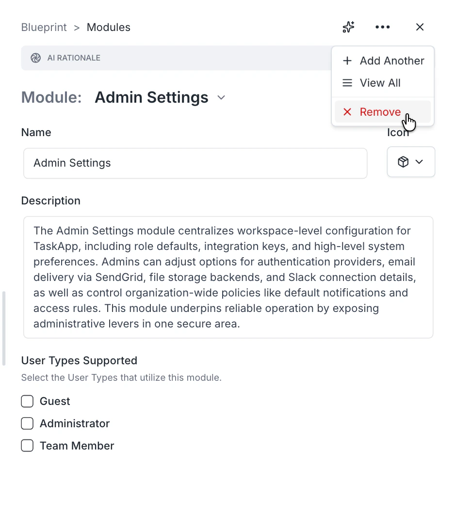 Module menu with Remove option