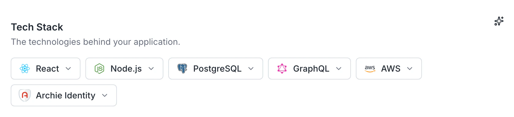 Tech stack card with frontend, backend, database, and auth choices
