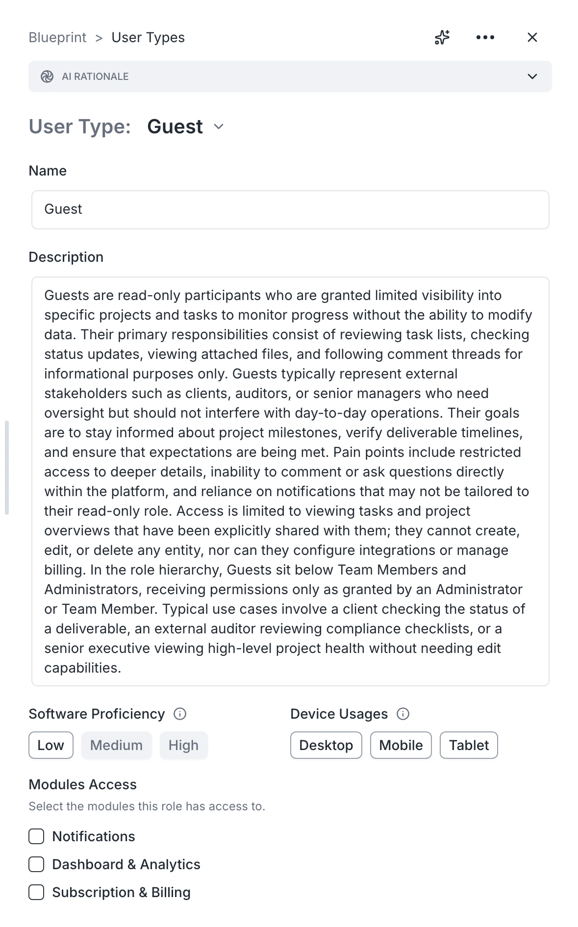 User type detail with name, description, and module access