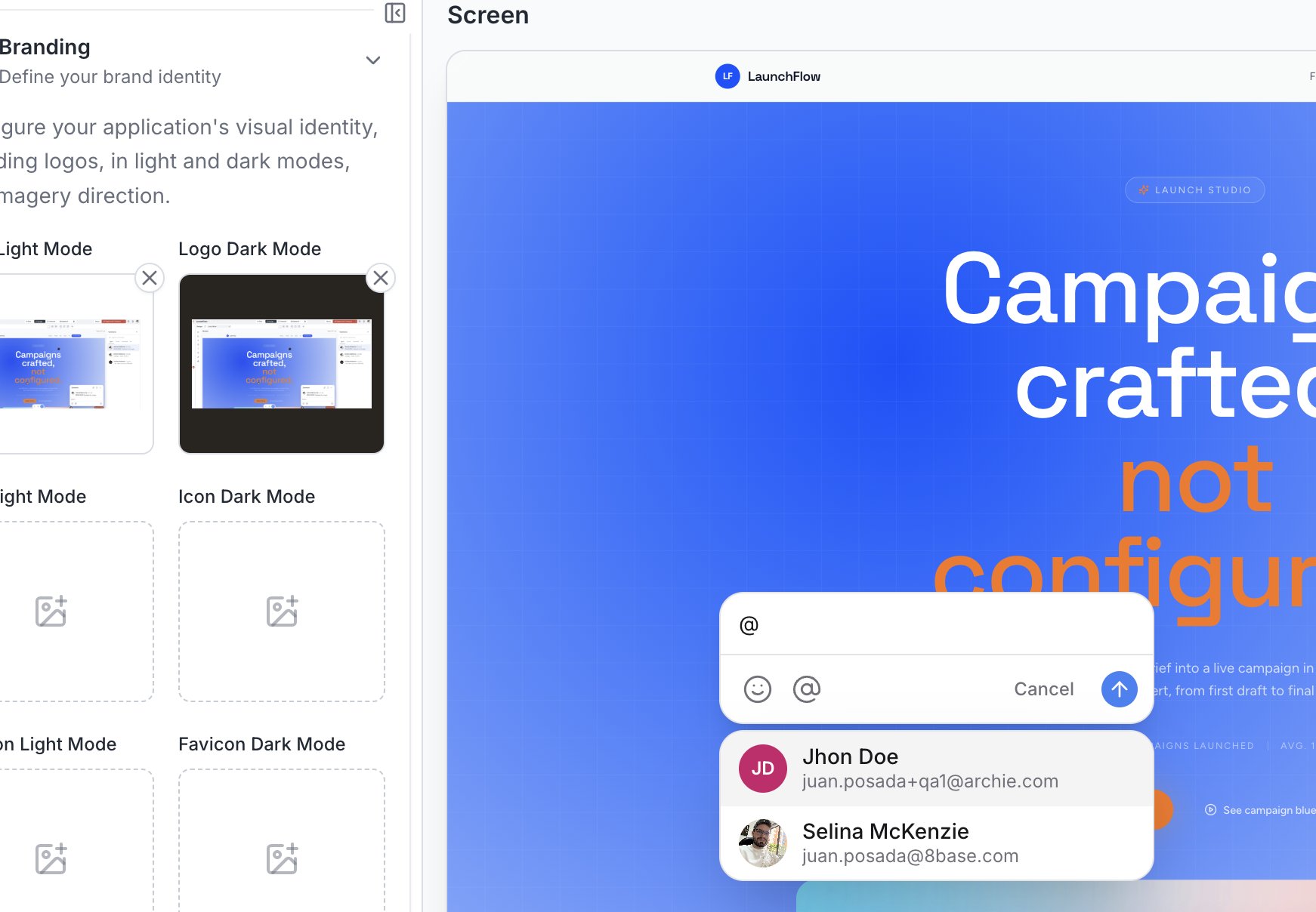 Typing @ in a comment brings up a list of project members to tag, showing name and email