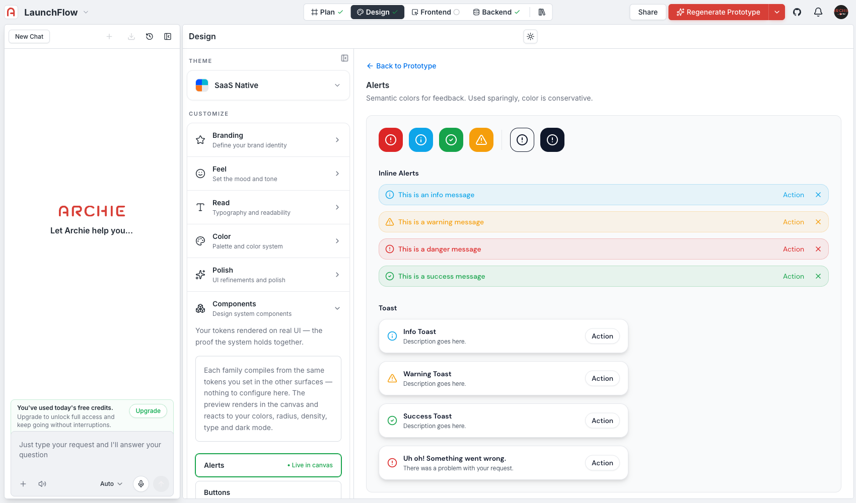 Components gallery showing the Alerts family — inline alerts and toasts rendered with the current design values