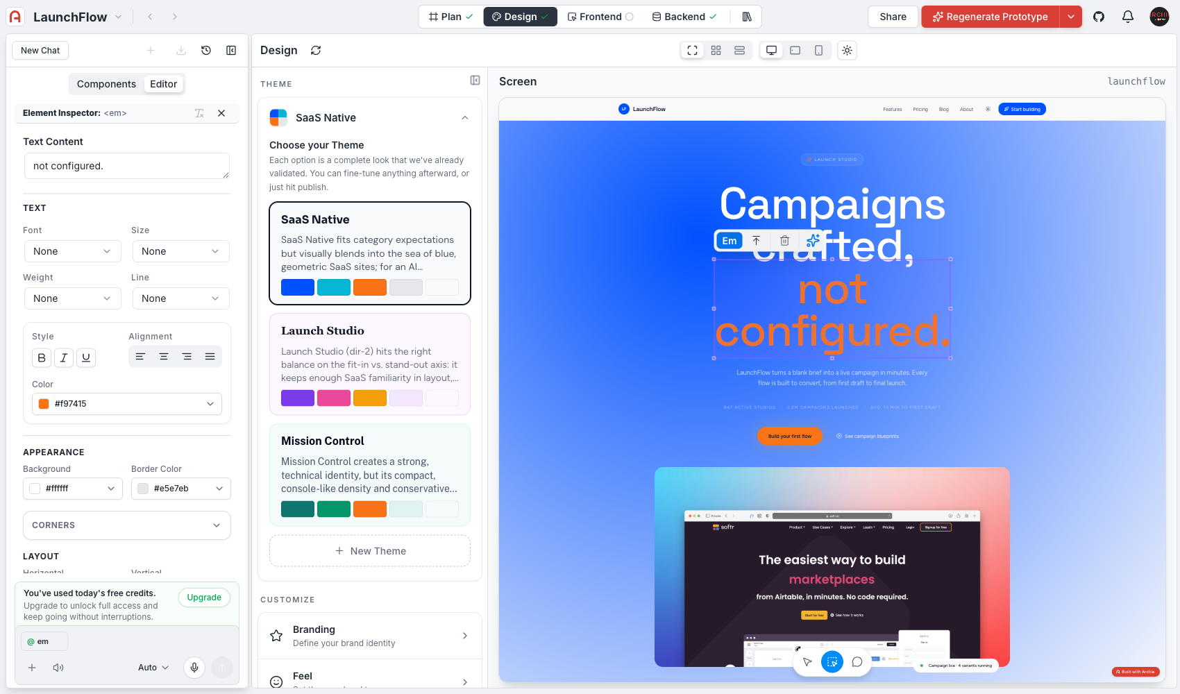 Element Inspector open for a selected heading, showing text content, color, appearance, and layout controls