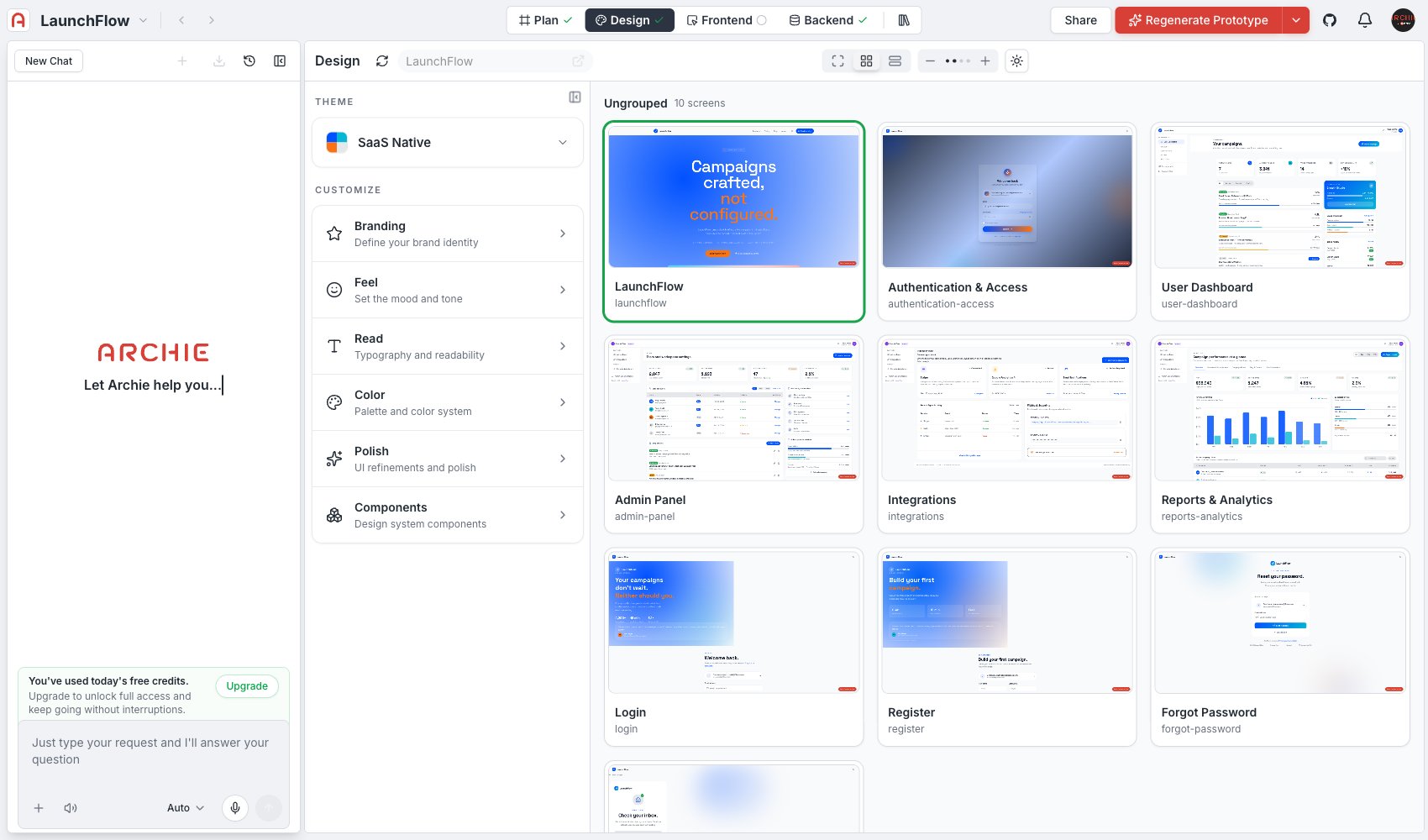 Grid view showing generated screens as thumbnails