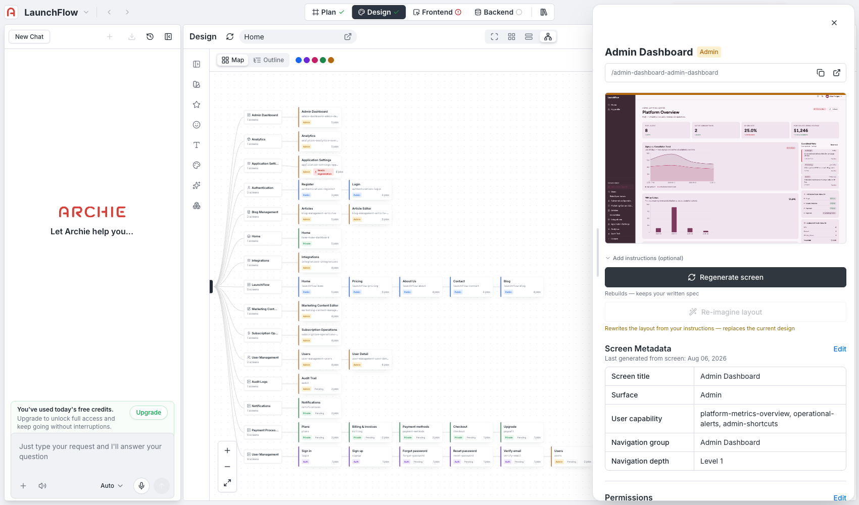 Top of the screen drawer for Admin Dashboard, showing the preview, regenerate actions, and Screen Metadata