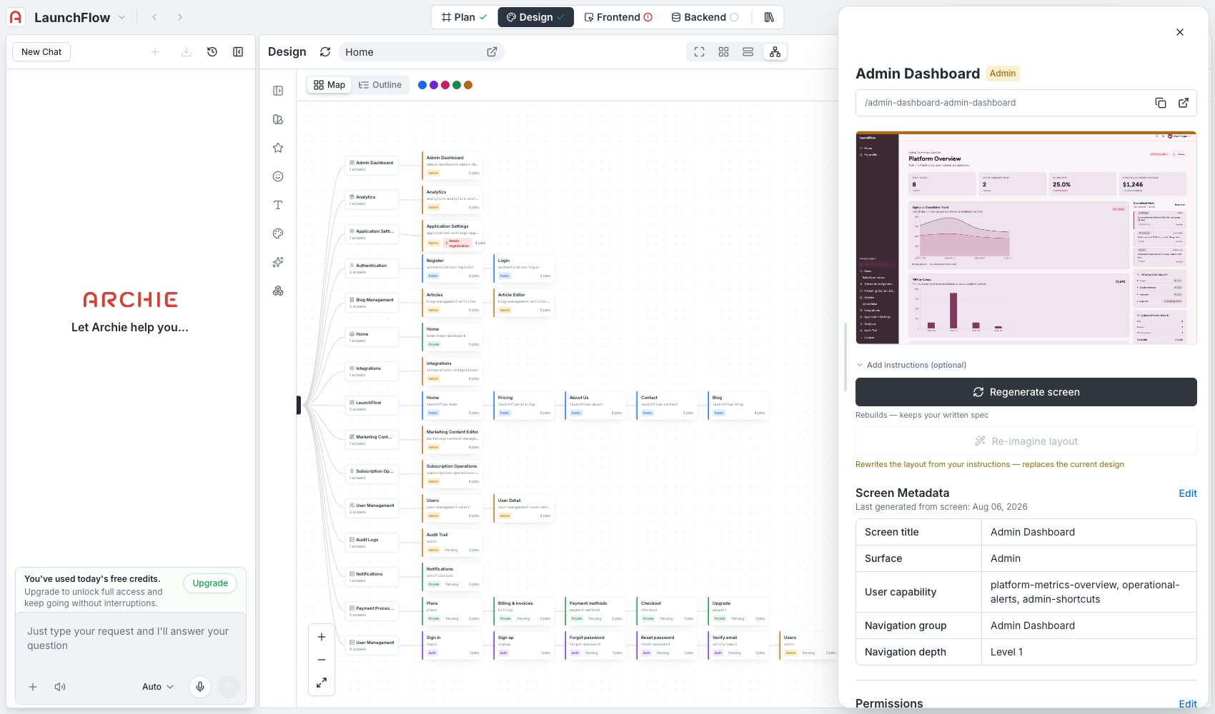 Top of the screen drawer for Admin Dashboard, showing the preview, regenerate actions, and Screen Metadata