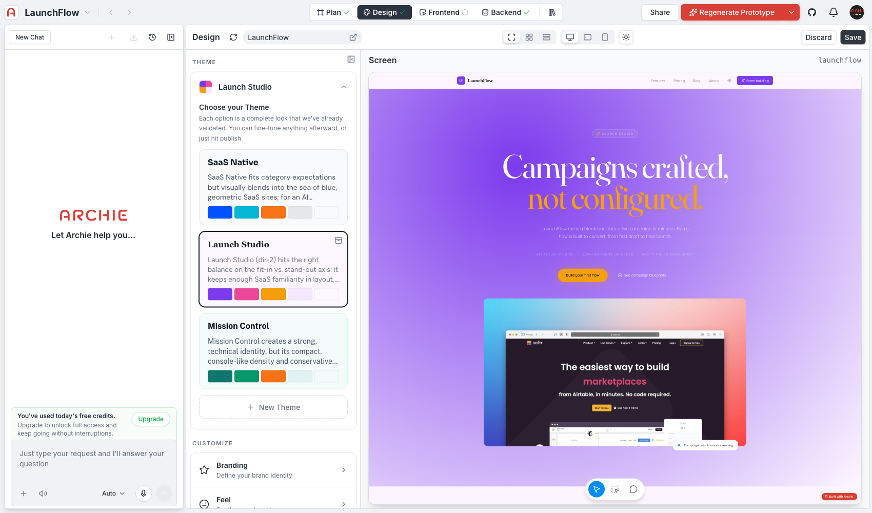 A different theme selected — Launch Studio's violet palette and editorial serif heading replace the previous theme across the same screen