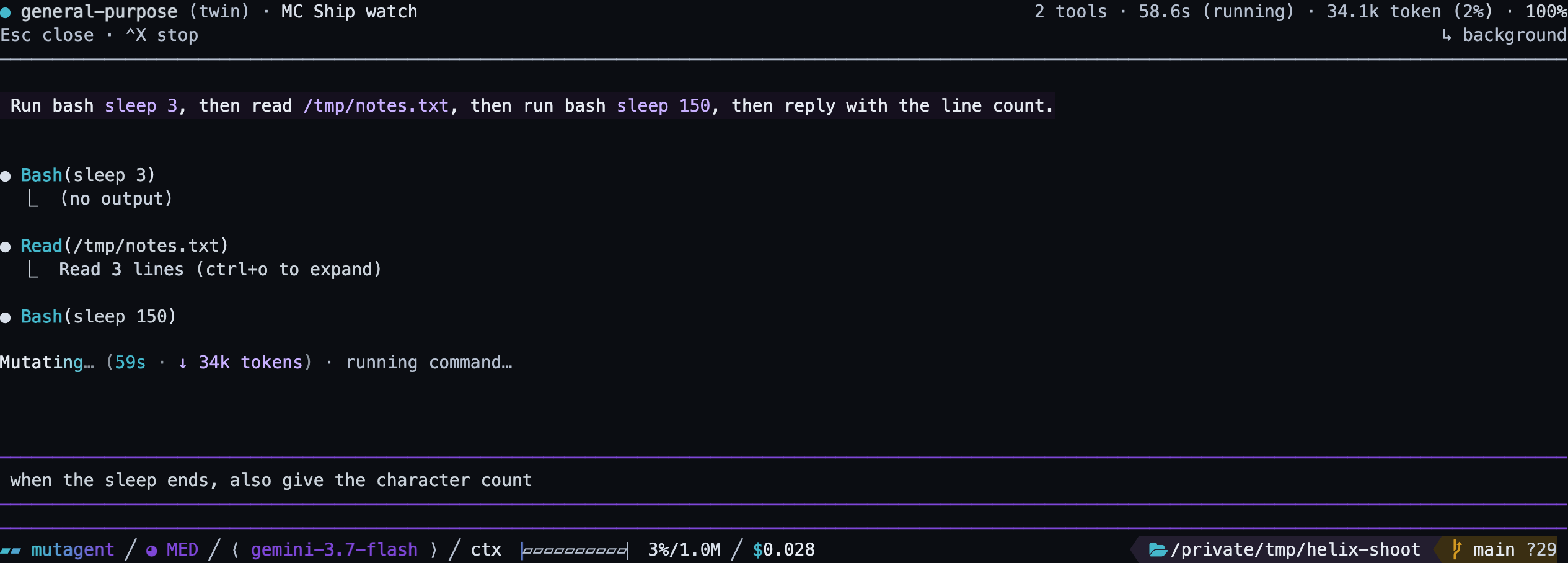 The sub-agent viewer replacing the chat: header with agent name and live stats, Bash and Read tool cards, the working line, and a steering instruction typed in the composer.