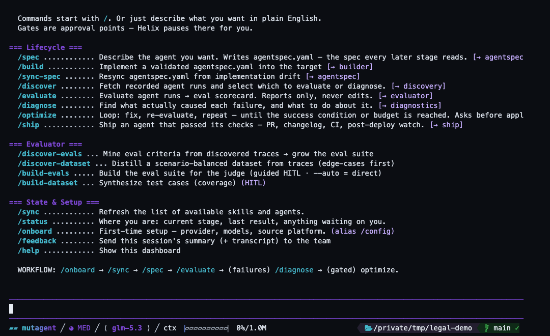 An animated capture of the spec interview: the dashboard, the /spec command being typed, the agent reasoning about the contract-review domain, and the structured question dialog with tabs for The pain, Who uses it, Output shape and Missing clauses.