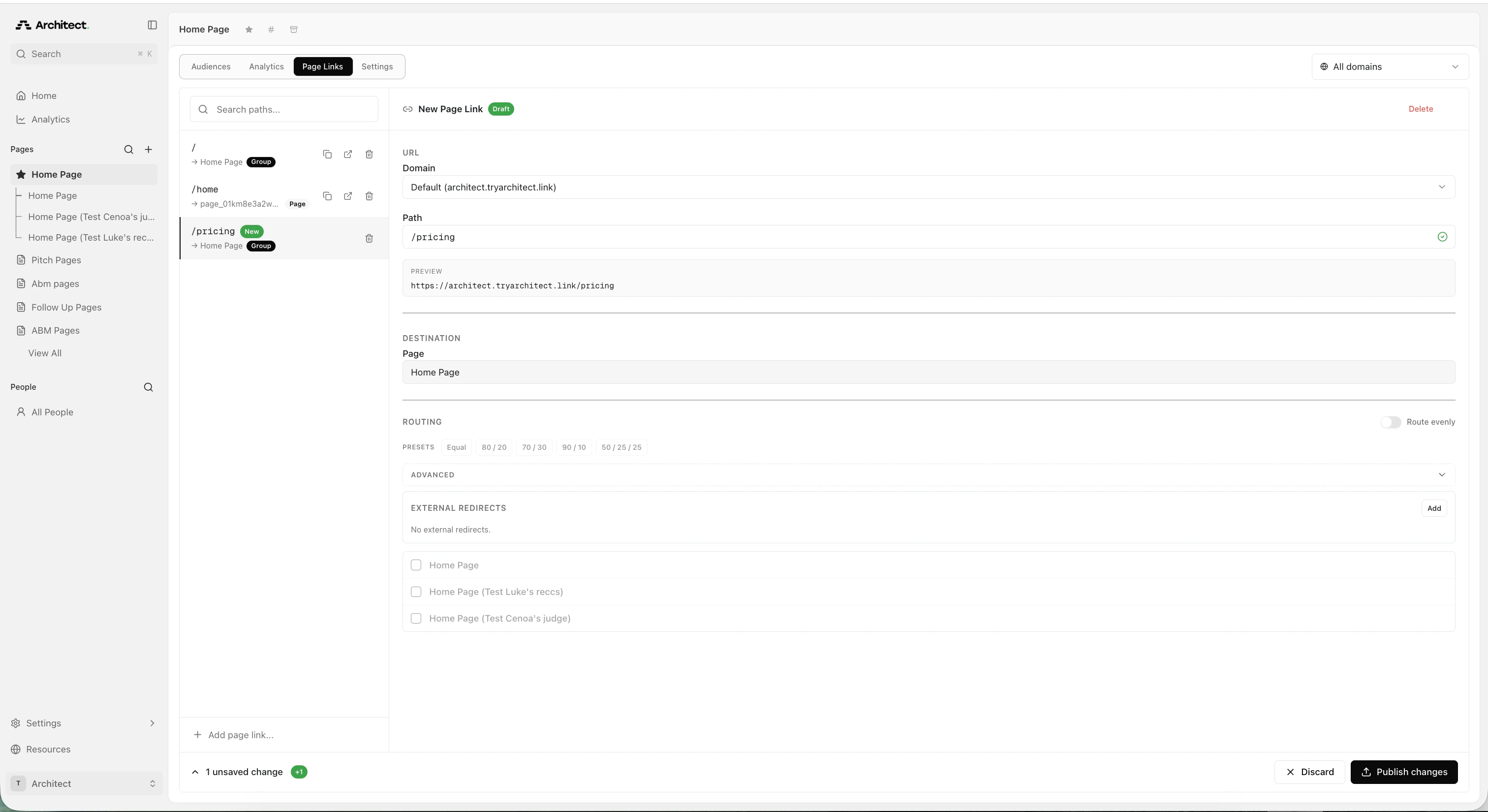 New Page Link configuration showing domain, path, and destination fields