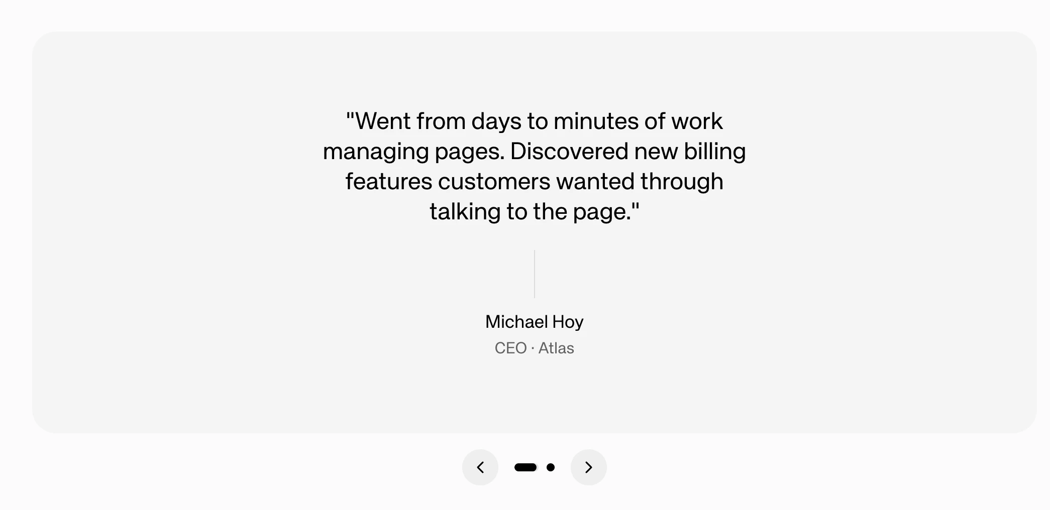 TestimonialCarousel slice showing a customer quote with author name, title, and navigation controls