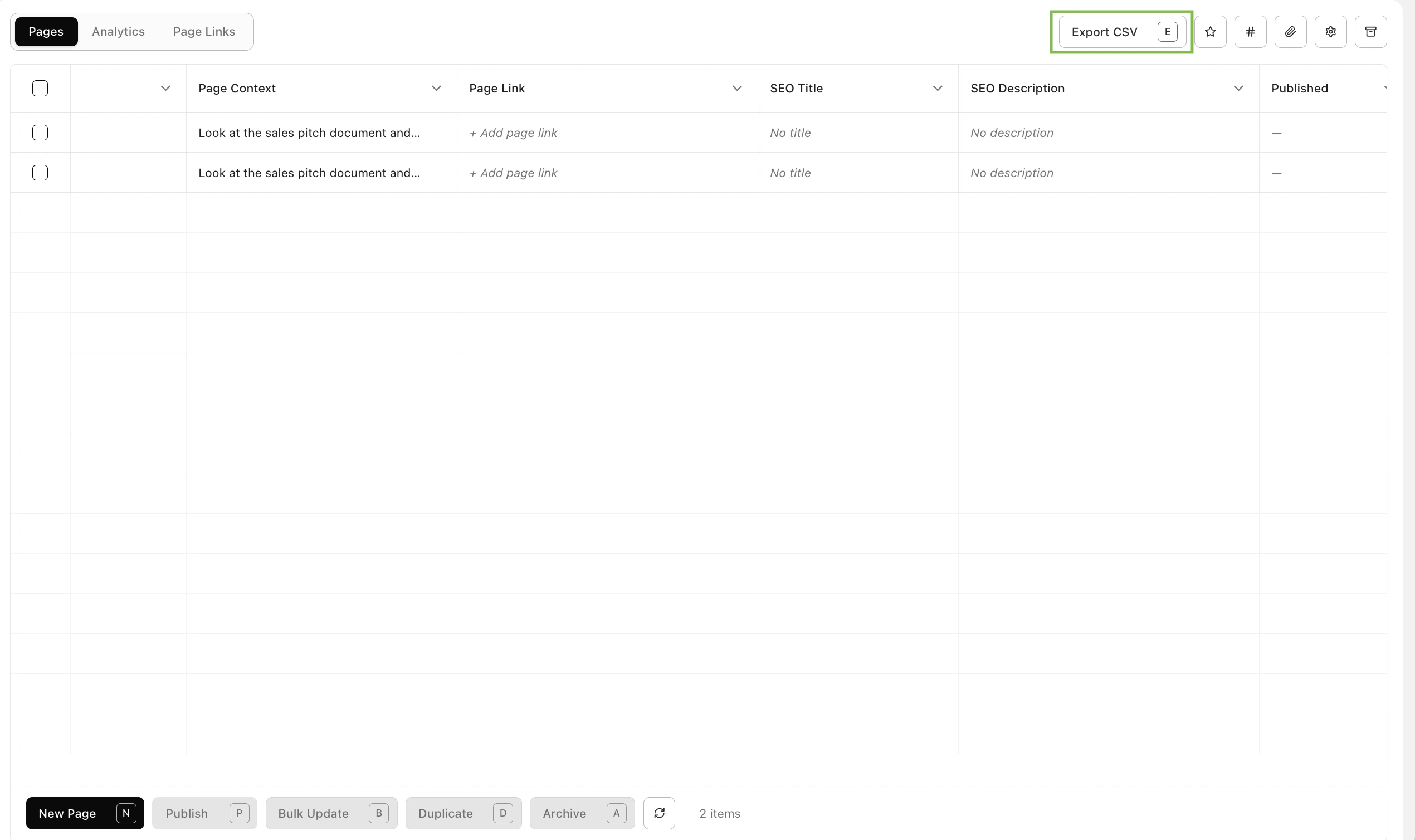 Pages table with an Export CSV button highlighted