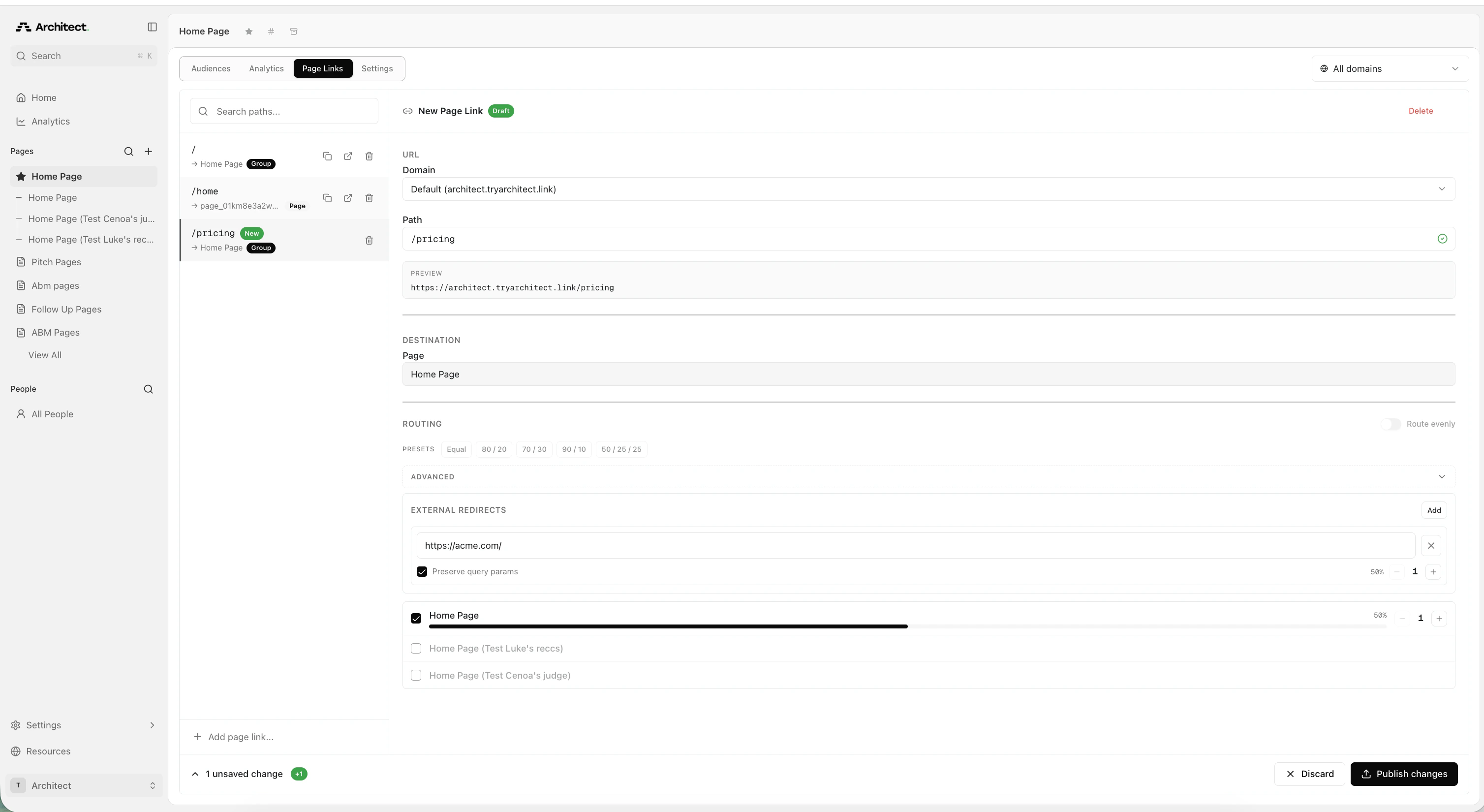 Advanced routing with external redirect showing a 50/50 traffic split between an Architect page and an external URL
