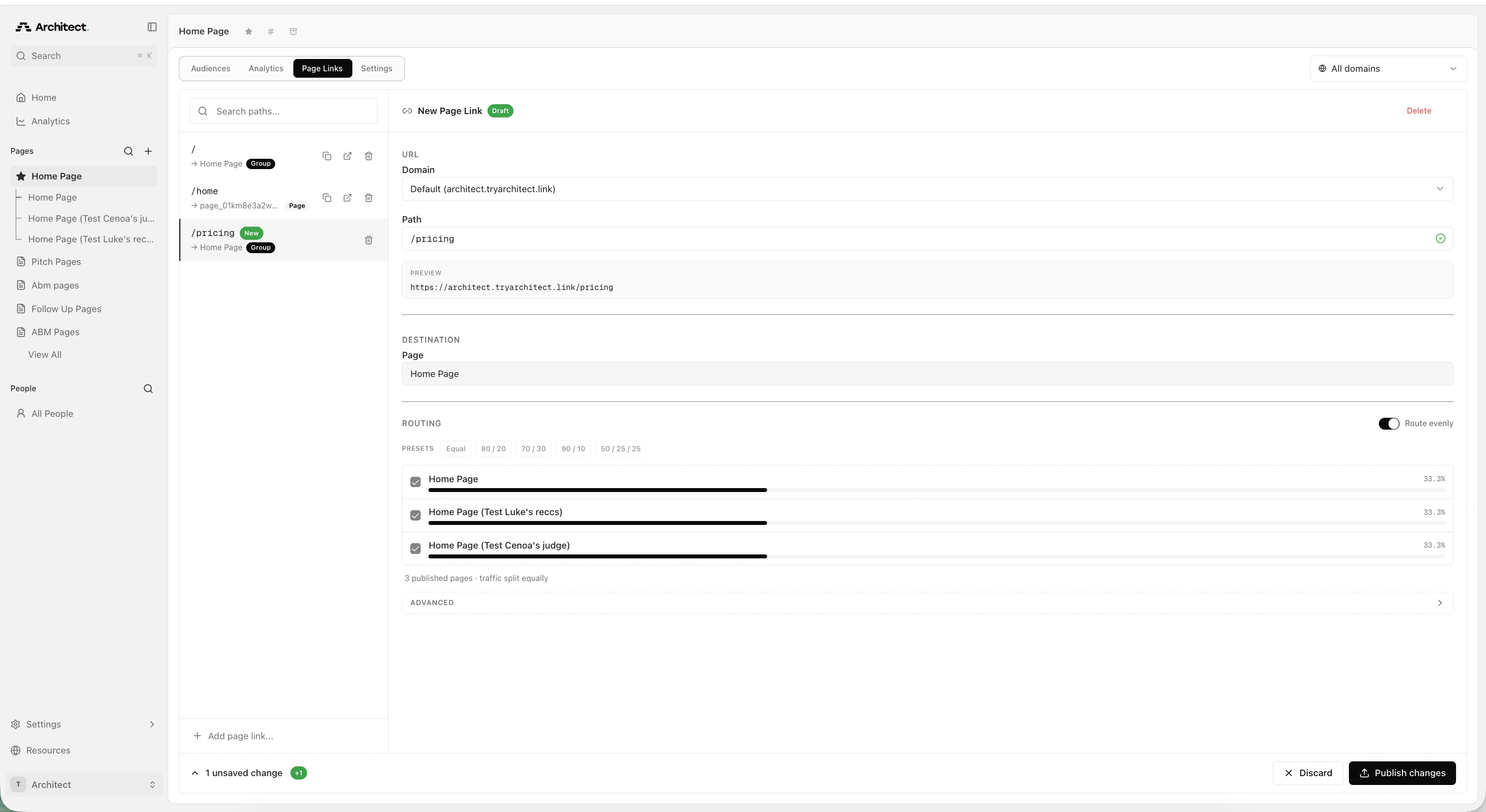 Routing section with Route evenly toggle enabled showing three pages at 33.3% each