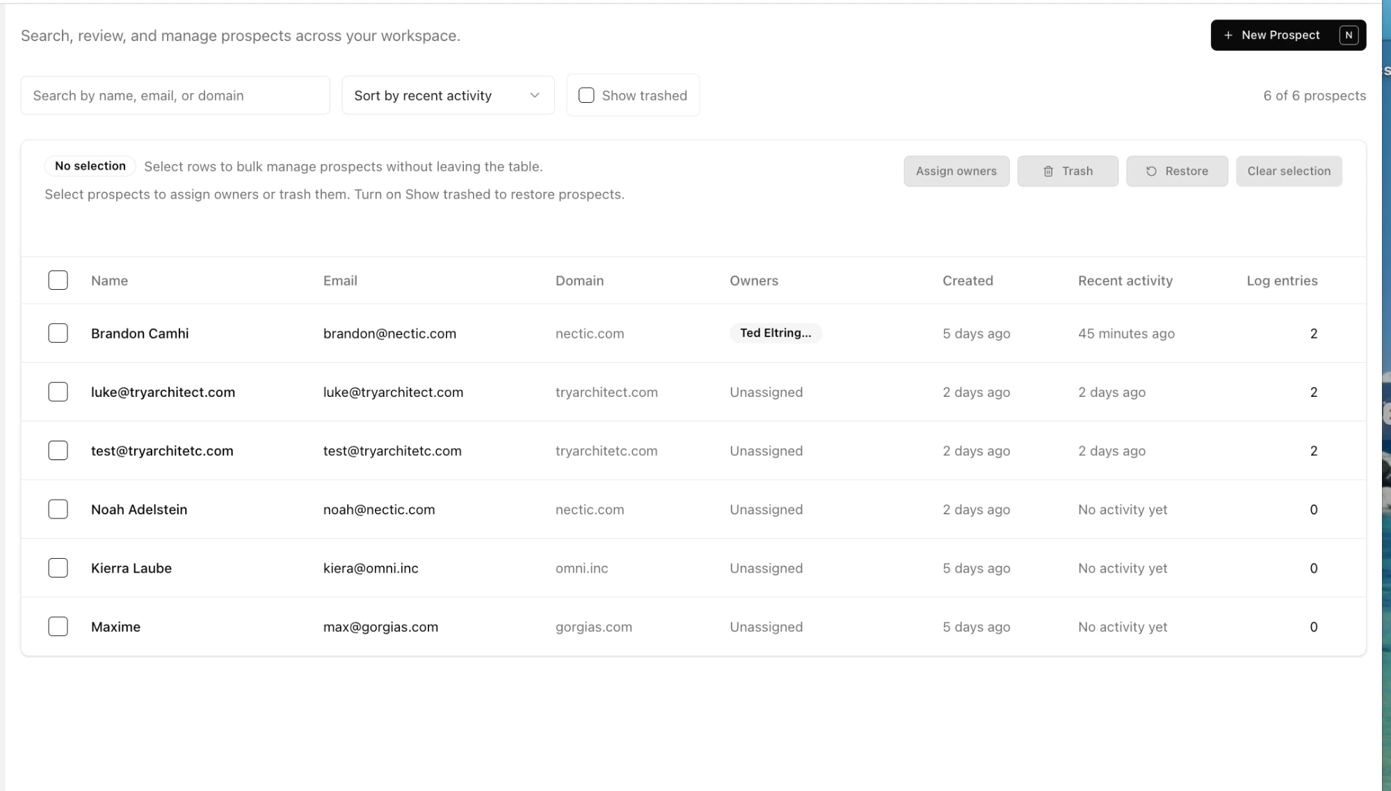 Prospect dashboard screenshot