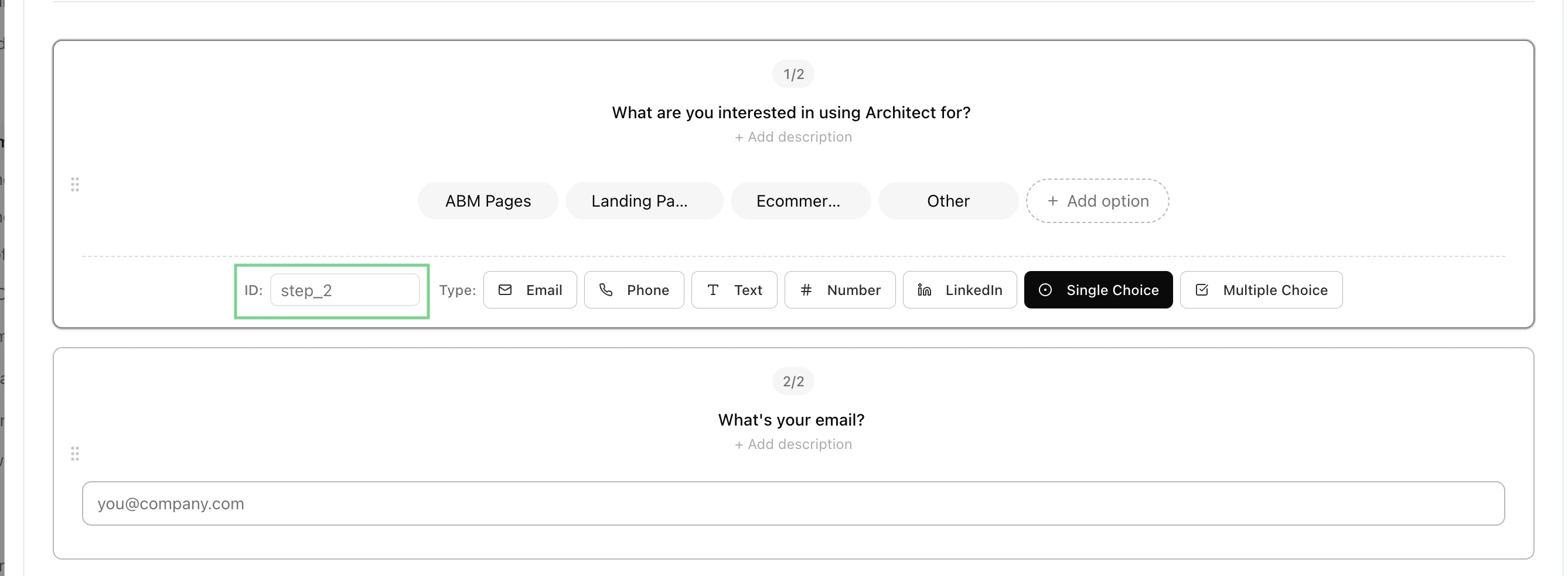 Architect form builder showing the field ID setting, which should match the corresponding HubSpot internal field name.