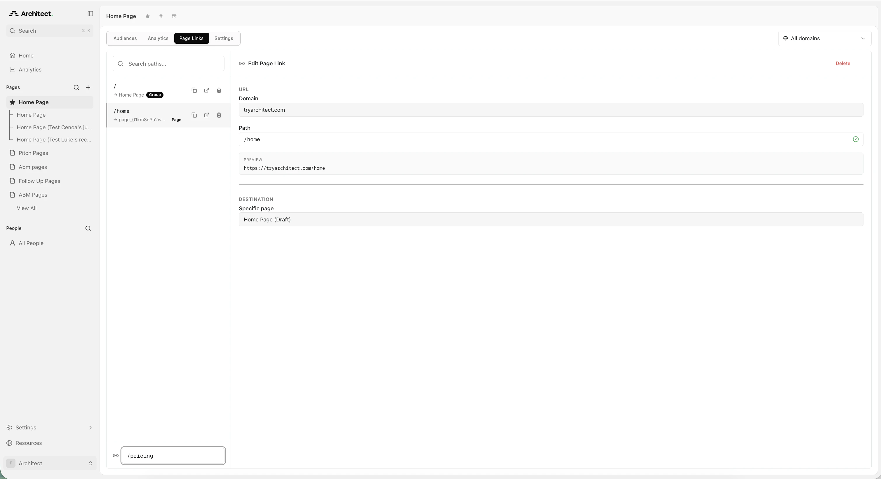 Architect Page Links tab showing existing page links for a page