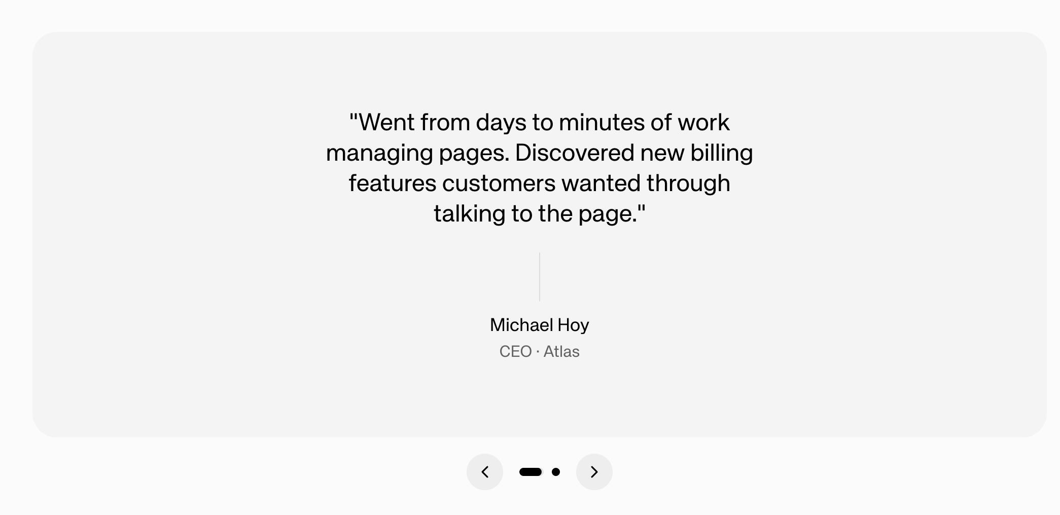 TestimonialCarousel slice showing a customer quote with author name, title, and navigation controls