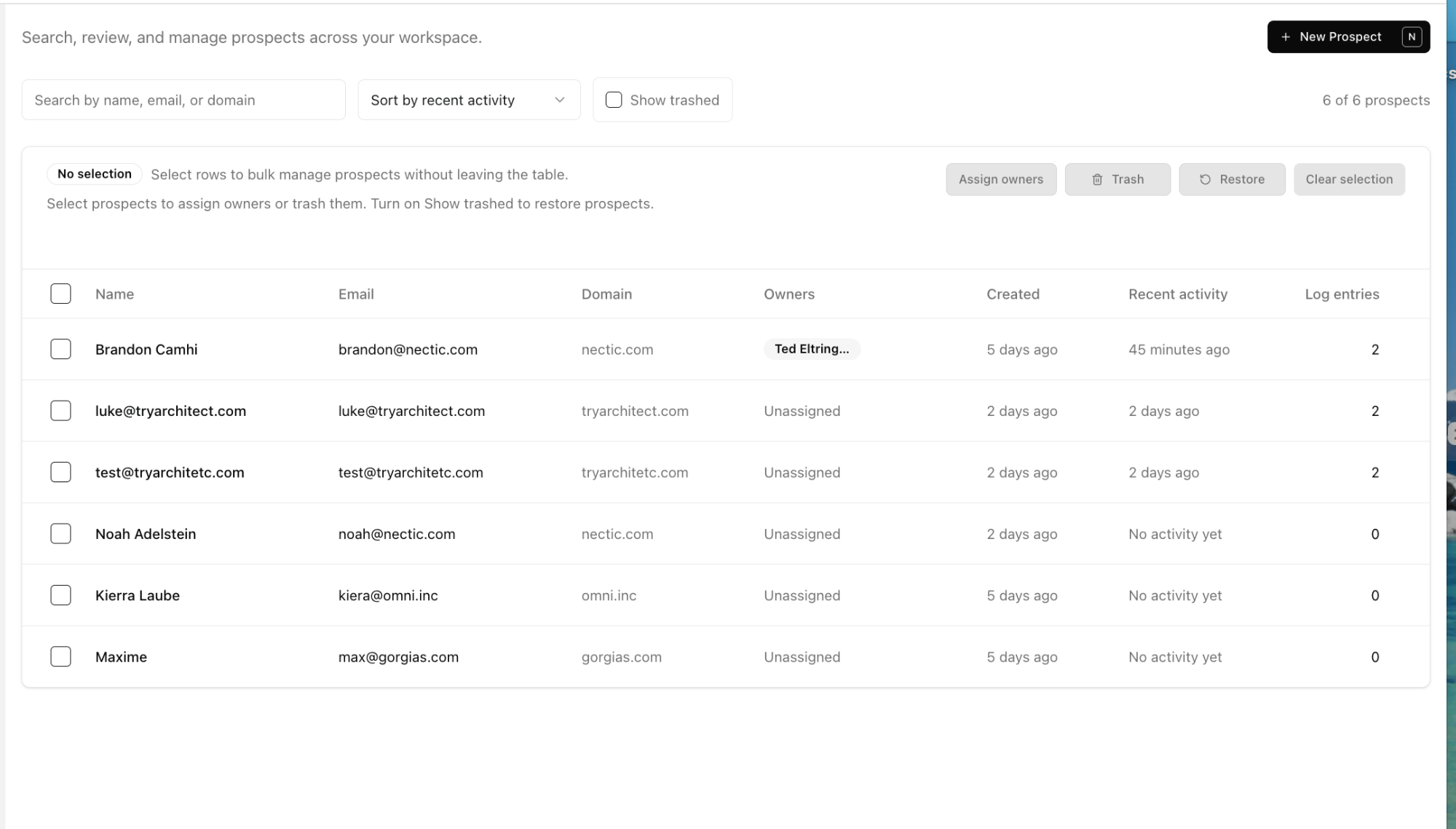 Prospect dashboard screenshot