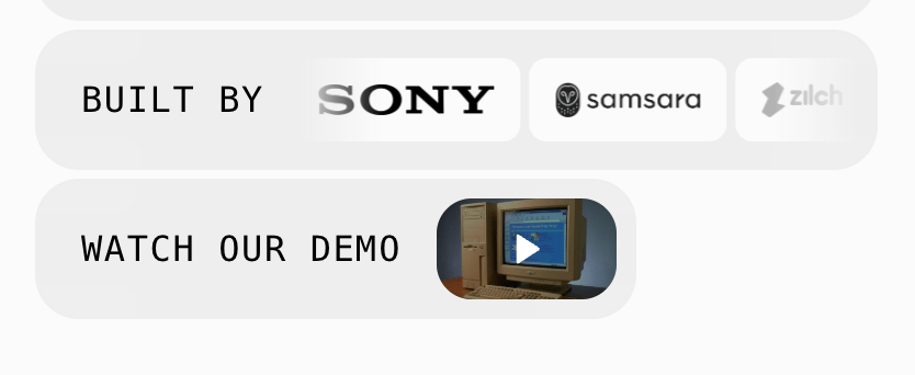 Footer action widgets showing a logo marquee and watch demo video button