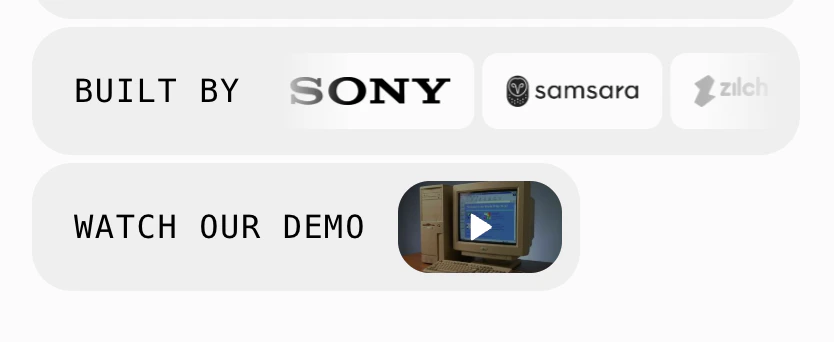 Footer action widgets showing a logo marquee and watch demo video button